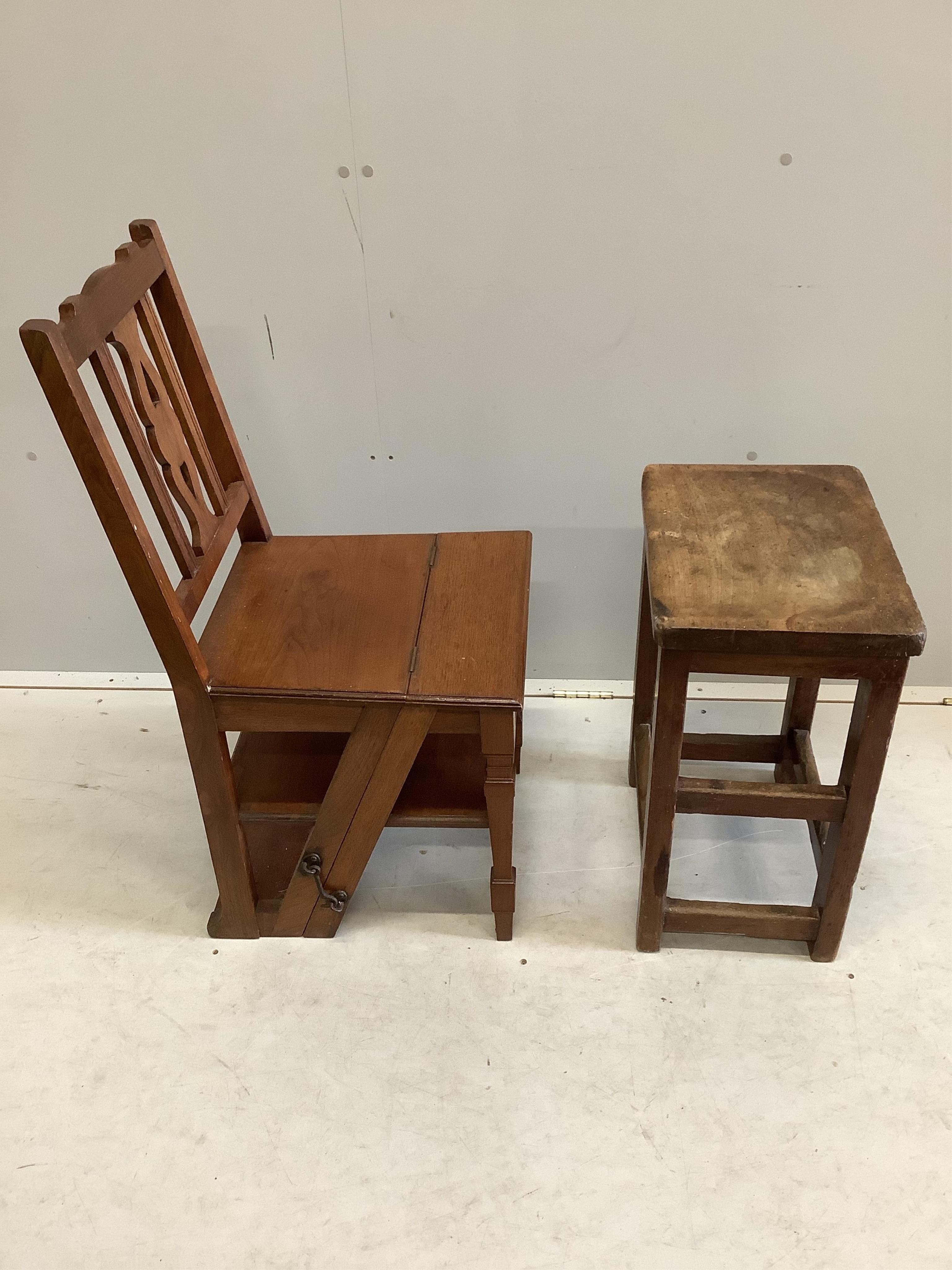 A late Victorian walnut metamorphic library chair together with a provincial fruitwood stool, Condition - fair to good